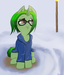 Size: 1112x1308 | Tagged: safe, oc, oc only, oc:bitter pill, pony, unicorn, pony town, clothes, cute, glasses, hoodie, snow, solo