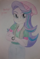 Size: 2187x3215 | Tagged: safe, artist:fralightsparkle, starlight glimmer, equestria girls, g4, beanie, clothes, crossed arms, female, hat, high res, looking at you, pants, solo, traditional art, watch