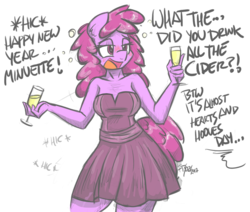 Size: 1000x847 | Tagged: safe, artist:flutterthrash, berry punch, berryshine, earth pony, anthro, g4, blushing, clothes, dialogue, dress, drink, drunk, female, go home you're drunk, solo