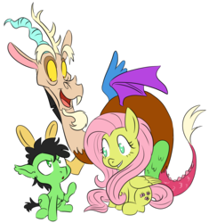 Size: 1600x1702 | Tagged: safe, artist:lockhe4rt, discord, fluttershy, oc, oc:colt anon, earth pony, pony, g4, anoncolt, colt, family photo, female, male, mare, simple background, smiling, transparent background