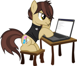 Size: 1271x1075 | Tagged: safe, artist:lightningbolt, derpibooru exclusive, earth pony, pony, g4, .svg available, bored, chair, clothes, computer, hair over one eye, laptop computer, linux, male, panic! at the disco, ponified, ryan ross, shirt, show accurate, simple background, sitting, solo, stallion, svg, t-shirt, table, transparent background, vector