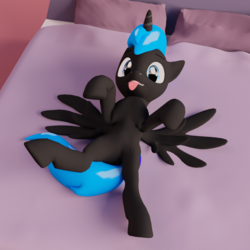 Size: 1080x1080 | Tagged: safe, artist:percytechnic, oc, oc only, oc:prince comet, alicorn, pony, 3d, alicorn oc, bed, cute, male, silly, silly pony, solo, spread legs, spread wings, spreading, tongue out