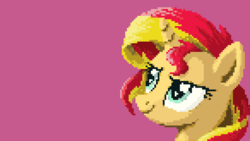 Size: 3840x2160 | Tagged: safe, artist:brisineo, sunset shimmer, pony, unicorn, g4, female, high res, pixel art, simple background, smiling, solo, wallpaper