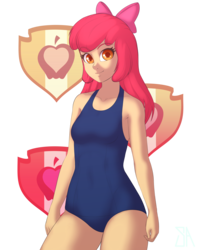 Size: 2400x3000 | Tagged: safe, artist:souladdicted, apple bloom, human, g4, breasts, clothes, female, high res, human coloration, humanized, looking at you, older, older apple bloom, one-piece swimsuit, pinup, simple background, small breasts, smiling, solo, swimsuit, transparent background