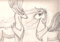 Size: 2332x1626 | Tagged: safe, artist:silversthreads, princess celestia, alicorn, pony, xerneas, g4, crossover, daily sketch, female, jewelry, mare, pokémon, regalia, sketch, traditional art