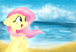 Size: 1750x1200 | Tagged: safe, artist:lcpegasister75, fluttershy, pegasus, pony, g4, beach, female, floppy ears, folded wings, happy, ocean, open mouth, raised hoof, smiling, solo, turned head, windswept mane