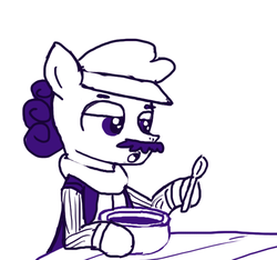 Size: 640x600 | Tagged: safe, artist:ficficponyfic, oc, oc only, earth pony, pony, colt quest, adult, bowl, clothes, cyoa, facial hair, hat, male, monochrome, moustache, solo, spoon, stallion, story included, table, talking