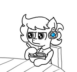 Size: 640x600 | Tagged: safe, artist:ficficponyfic, oc, oc only, oc:ruby rouge, colt quest, bowl, chair, child, clothes, cyoa, ear piercing, earring, female, filly, foal, jewelry, monochrome, piercing, solo, spoon, story included, table