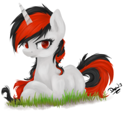 Size: 1008x920 | Tagged: safe, artist:drawlightshinesweet, oc, oc only, oc:blackjack, pony, unicorn, fallout equestria, fallout equestria: project horizons, colored pupils, fanfic, fanfic art, female, grass, hooves, horn, lying down, mare, missing cutie mark, prone, red eyes, simple background, solo, transparent background
