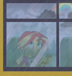 Size: 846x893 | Tagged: safe, artist:fuzzyfurvert, edit, edited screencap, screencap, sunset shimmer, equestria girls, g4, my little pony equestria girls: legend of everfree, fanfic, fanfic art, female, rain, rainbow, school bus, solo