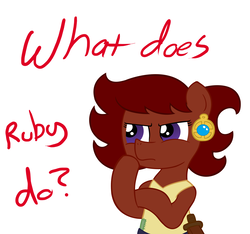 Size: 1500x1406 | Tagged: safe, artist:ficficponyfic, oc, oc only, oc:ruby rouge, earth pony, pony, colt quest, belt, child, clothes, color, cyoa, ear piercing, earring, female, filly, foal, jewelry, knife, piercing, simple background, solo, story included, thinking, vector, white background