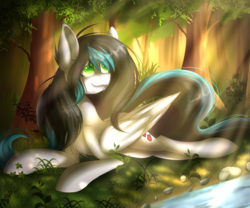 Size: 6000x5000 | Tagged: safe, artist:snowbunny0820, oc, oc only, pegasus, pony, absurd resolution, crepuscular rays, female, forest, mare, prone, river, solo, tree, water