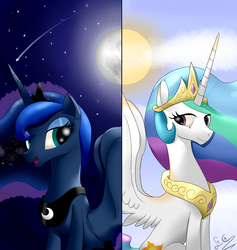 Size: 2350x2482 | Tagged: safe, artist:lshadowbeaml, princess celestia, princess luna, alicorn, pony, g4, day, female, high res, mare, moon, night, royal sisters, sitting, spread wings, sun