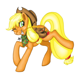 Size: 600x600 | Tagged: safe, artist:dreaminqheart, applejack, g4, female, hay stalk, one eye closed, pokémon, pokémon trainer, raised hoof, raised leg, saddle bag, simple background, solo, straw in mouth, white background, wink