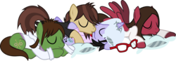 Size: 2306x805 | Tagged: safe, artist:lightningbolt, derpibooru exclusive, changeling, earth pony, pegasus, pony, unicorn, g4, .svg available, bags under eyes, brendon urie, brent wilson, clothes, cuddling, disguise, disguised changeling, eyes closed, glasses, group, hoodie, horn, horn impalement, hug, kissing, male, on back, on floor, open mouth, panic! at the disco, pile, pillow, ponified, pony pillow, prone, ryan ross, shirt, show accurate, simple background, sleeping, smiling, spencer smith, spread wings, stallion, svg, t-shirt, transparent background, undershirt, unicorn problems, vector, wings, zipper