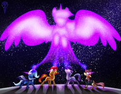 Size: 3300x2550 | Tagged: safe, artist:polyhexian, moondancer, starlight glimmer, sunset shimmer, trixie, twilight sparkle, alicorn, pony, unicorn, g4, badass, counterparts, epic, glowing eyes, glowing horn, high res, horn, magic, magical quintet, space, stars, twilight sparkle (alicorn), twilight's counterparts