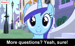Size: 1600x973 | Tagged: safe, minuette, pony, unicorn, comic:celestia's servant interview, g4, canterlot, caption, cs captions, female, interview, looking at you, mare, smiling, solo
