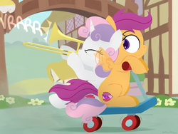 Size: 2560x1920 | Tagged: safe, artist:dtcx97, scootaloo, sweetie belle, pegasus, pony, unicorn, g4, duo, female, filly, musical instrument, scooter, trombone