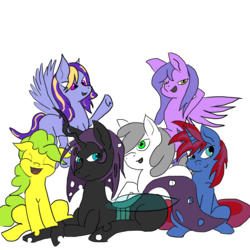 Size: 1200x1200 | Tagged: safe, artist:supasqueegee, oc, oc only, oc:astral soul, oc:caraxis, oc:connie, oc:crystal storm, oc:silver, oc:violet, changeling, changeling queen, earth pony, pegasus, pony, unicorn, changeling queen oc, female, prone, simple background, white background