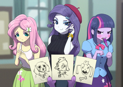 Size: 1023x723 | Tagged: safe, artist:agaberu, fluttershy, rarity, spike, twilight sparkle, dog, human, equestria girls, g4, artception, bare shoulders, beatnik rarity, beret, blushing, bracelet, breasts, busty rarity, clothes, devil spoo, drawing, eyeshadow, female, french rarity, hat, humans doing horse things, jewelry, lidded eyes, makeup, mouth hold, offscreen character, pixiv, realistic, shirt, skirt, sleeveless sweater, smiling, smug, smugity, spike the dog, stylistic suck, sweater, sweater puppies, sweater vest, turtleneck