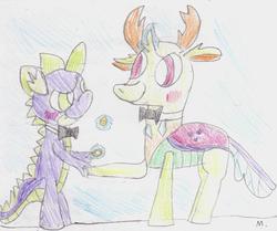 Size: 1691x1414 | Tagged: safe, artist:ptitemouette, spike, thorax, changedling, changeling, dragon, g4, bowtie, gay, king thorax, male, marriage, ship:thoraxspike, shipping, traditional art, wedding