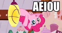 Size: 600x322 | Tagged: safe, edit, edited screencap, screencap, pinkie pie, g4, aeiou, female, image macro, meme, moonbase alpha, solo