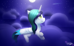 Size: 1600x1000 | Tagged: safe, artist:shan3ng, oc, oc only, oc:roxy, alicorn, pony, cloud, female, mare, moon, night, solo