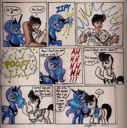 Size: 2337x2352 | Tagged: safe, artist:newyorkx3, princess luna, oc, oc:tommy, alicorn, earth pony, human, pony, equestria daily, g4, ..., blushing, comic, dialogue, female, heart, high res, human to pony, male, mare, newspaper, ponified, ponysona, self insert, self portrait, stallion, this will end in snuggles, traditional art, transformation