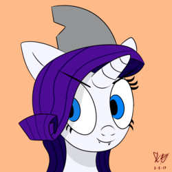 Size: 1500x1500 | Tagged: dead source, safe, artist:kaminakat, rarity, pony, shark, unicorn, g4, bust, clothes, costume, cute little fangs, fanfic, fanfic art, fangs, female, orange background, portrait, shark costume, shark fin, simple background, smiling, solo