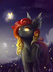 Size: 1400x1900 | Tagged: safe, artist:alina-sherl, oc, oc only, firefly (insect), pegasus, pony, canterlot, crescent moon, female, gradient mane, grass, mare, moon, night, signature, silhouette, solo, yellow eyes