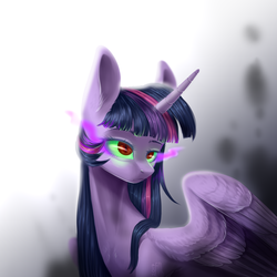 Size: 2000x2000 | Tagged: safe, artist:rappy-yum, twilight sparkle, alicorn, pony, g4, dark magic, female, high res, magic, solo, sombra eyes, spread wings, twilight sparkle (alicorn)