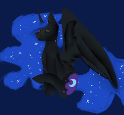 Size: 2000x1852 | Tagged: safe, artist:toptian, nightmare moon, alicorn, pony, g4, blue background, ethereal mane, eyes closed, female, mare, simple background, sitting, smiling, solo, spread wings, starry mane