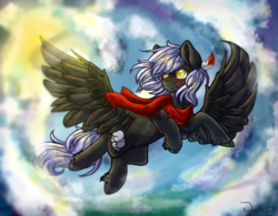 Size: 2037x1586 | Tagged: safe, artist:jazzerix, oc, oc only, oc:cloudy night, pegasus, pony, cloud, feather, female, flying, gift art, mare, sky, solo, spread wings, yellow eyes