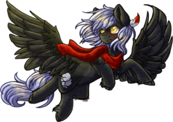 Size: 1662x1178 | Tagged: safe, alternate version, artist:jazzerix, oc, oc only, oc:cloudy night, pegasus, pony, clothes, feather, female, flying, gift art, mare, scarf, simple background, solo, spread wings, transparent background, unshorn fetlocks, yellow eyes