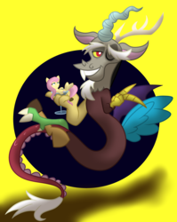 Size: 3100x3900 | Tagged: safe, artist:geraritydevillefort, discord, fluttershy, draconequus, pegasus, pony, g4, drink, high res, looking at you, micro, one eye closed, smiling, unamused, wink