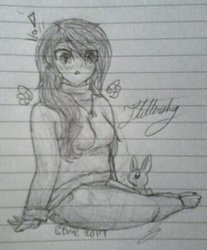 Size: 800x964 | Tagged: safe, artist:anxiouslilnerd, angel bunny, fluttershy, human, g4, ballpoint pen, clothes, doodle, female, humanized, pen, solo, sweater, sweatershy, traditional art, turtleneck