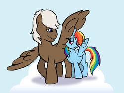 Size: 1024x768 | Tagged: safe, artist:sinjaaussiaangels, dumbbell, rainbow dash, pegasus, pony, g4, behaving like a bird, cloud, dumbdash, duo, female, male, nuzzling, shipping, spread wings, straight