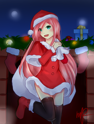 Size: 1024x1350 | Tagged: safe, artist:celeslun03, fluttershy, human, g4, clothes, costume, female, humanized, night, open mouth, santa claus, santa costume, solo, stockings, thigh highs