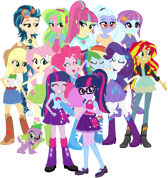 Size: 865x915 | Tagged: safe, artist:ra1nb0wk1tty, applejack, fluttershy, indigo zap, lemon zest, pinkie pie, rainbow dash, rarity, sci-twi, sour sweet, spike, spike the regular dog, sugarcoat, sunny flare, sunset shimmer, twilight sparkle, alicorn, dog, human, equestria girls, g4, my little pony equestria girls: friendship games, boots, bowtie, bracelet, clothes, compression shorts, cowboy boots, cowboy hat, denim skirt, freckles, giggling, glasses, goggles, hand on hip, hat, high heel boots, human counterpart, human ponidox, humane five, humane seven, humane six, jacket, jewelry, leather jacket, leg warmers, legs, mary janes, necklace, ponytail, raised leg, shadow five, shoes, simple background, skirt, sleeveless, socks, stetson, tank top, twilight sparkle (alicorn), twolight