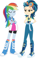 Size: 373x576 | Tagged: safe, artist:ra1nb0wk1tty, indigo zap, rainbow dash, equestria girls, g4, boots, bracelet, clothes, compression shorts, ear piercing, earring, goggles, hand on hip, jewelry, piercing, simple background, skirt, socks, wristband