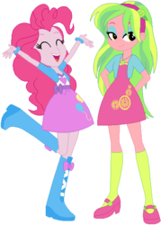 Size: 402x561 | Tagged: safe, artist:ra1nb0wk1tty, lemon zest, pinkie pie, equestria girls, g4, balloon, boots, clothes, hairband, hands behind back, high heel boots, jewelry, mary janes, necklace, open mouth, raised leg, shoes, simple background, skirt, socks