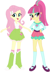 Size: 424x607 | Tagged: safe, artist:ra1nb0wk1tty, fluttershy, sour sweet, equestria girls, g4, boots, clothes, freckles, hand on hip, high heel boots, mary janes, ponytail, shoes, simple background, skirt, socks
