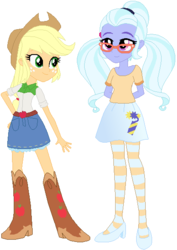Size: 412x582 | Tagged: safe, artist:ra1nb0wk1tty, applejack, sugarcoat, equestria girls, g4, boots, clothes, cowboy boots, cowboy hat, denim skirt, dynamite, explosives, freckles, glasses, hand on hip, hat, high heels, pigtails, shoes, simple background, skirt, stetson, striped pantyhose, tights, twintails