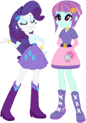 Size: 384x553 | Tagged: safe, artist:ra1nb0wk1tty, rarity, sunny flare, equestria girls, g4, boots, bracelet, clothes, cloud, high heel boots, jewelry, necklace, raincloud, simple background, skirt, sun