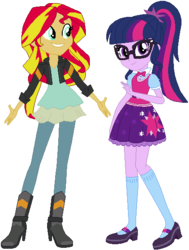 Size: 425x562 | Tagged: safe, artist:ra1nb0wk1tty, sci-twi, sunset shimmer, twilight sparkle, equestria girls, g4, boots, bowtie, clothes, glasses, high heel boots, high heels, jacket, leather jacket, mary janes, ponytail, shoes, simple background, skirt, socks
