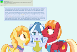 Size: 2176x1476 | Tagged: safe, artist:peregrinstaraptor, oc, oc only, oc:gail wyndstrom, oc:sunfyre, oc:wyldfyre, pegasus, pony, ask, base used, clothes, deviantart, family, female, male, mare, mother and daughter, mother and son, one-piece swimsuit, stallion, swimsuit, wet mane