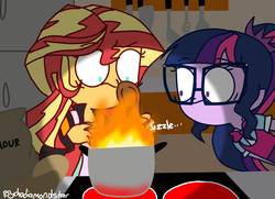 Size: 1378x999 | Tagged: safe, artist:psychodiamondstar, sci-twi, sunset shimmer, twilight sparkle, equestria girls, g4, burning, clothes, cooking, female, fire, glasses, kitchen, lesbian, pot, ship:sci-twishimmer, ship:sunsetsparkle, shipping, spoon