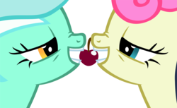 Size: 4361x2672 | Tagged: safe, artist:ironm17, bon bon, lyra heartstrings, sweetie drops, earth pony, pony, unicorn, g4, hearts and hooves day (episode), biting, cherry, female, food, high res, lesbian, lewd, lidded eyes, looking at each other, love, ship:lyrabon, shipping, simple background, transparent background, vector