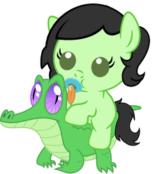 Size: 836x942 | Tagged: safe, artist:red4567, gummy, oc, oc:anon, oc:filly anon, earth pony, pony, g4, baby, baby pony, cute, female, filly, ocbetes, pacifier, ponies riding gators, riding