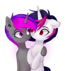 Size: 1834x2000 | Tagged: safe, artist:mp-printer, oc, oc only, pony, unicorn, duo, ear piercing, female, looking at each other, mare, piercing, raised hoof, red eyes, smiling